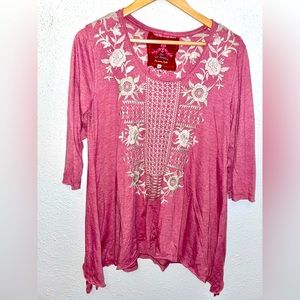 Johnny Was Mauve Pink Embroidered Tunic Boho Festival Top Size M